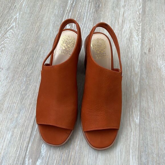 Vince Camuto Leather Peep-Toe Heeled Sandals Kaisly Burnt Orange - Picture 7 of 13